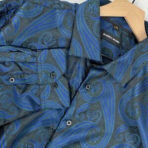 Barry Wang Mens 3XL Blue Black Paisley Jacquard Long Sleeve Button Up Shirt